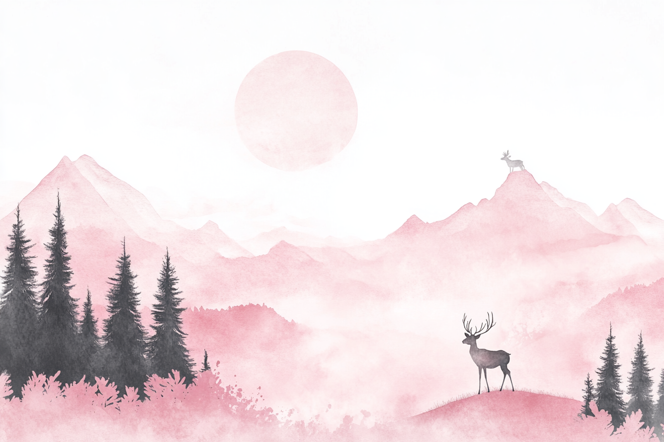 Pink sky, tall trees, mountains with deer on hill.