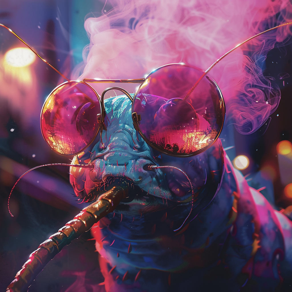 Pink smoke billows around blue caterpillar with red glasses.