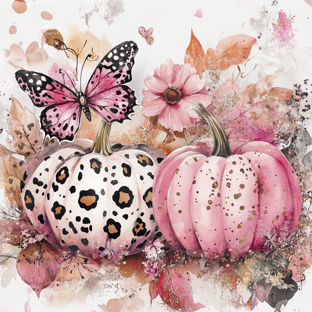 Pink sparkly pumpkins with leopard and cream patterns surrounded by pink butterflies, autumn colors and glitter on white background.