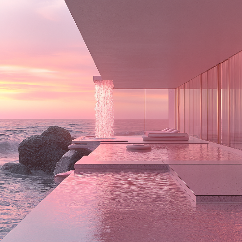 Pink toned futuristic Kaufmann House reimagined in lunar setting.