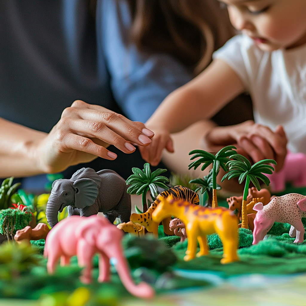 Pink toy animals and jungle scene for playtime.