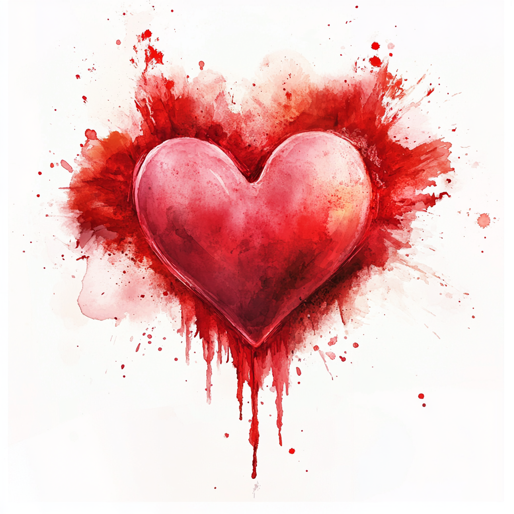 Pink watercolor heart with red paint splatter illustration.