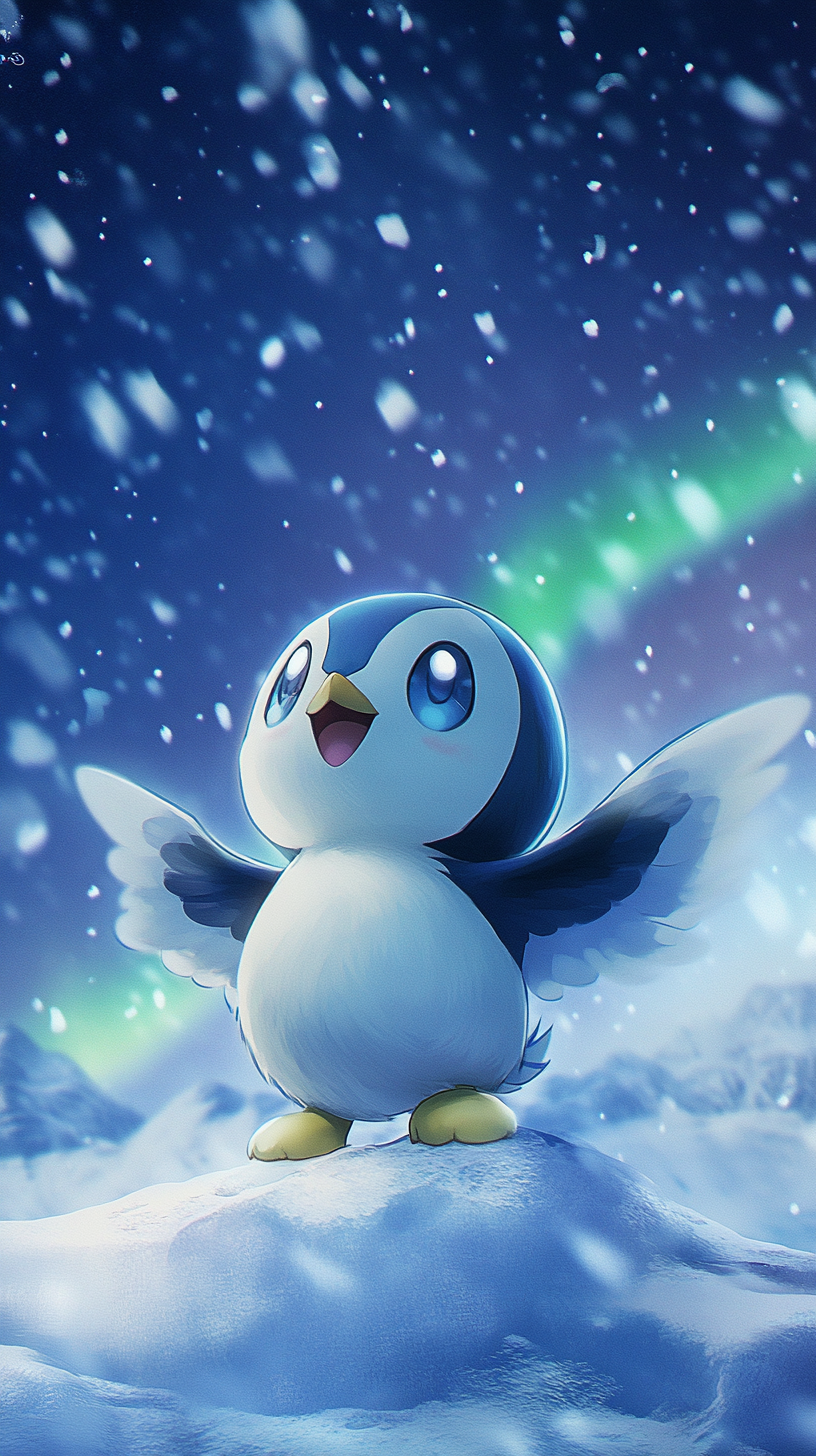 Piplup Pokemon on iceberg, gazing at northern lights.