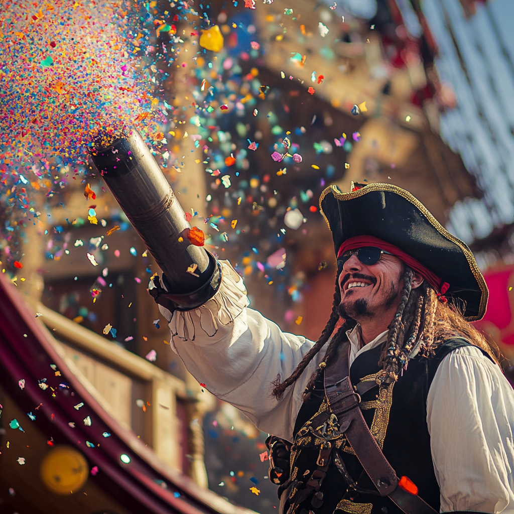 Pirate Captain Fires Cannon at Theme Park Opening