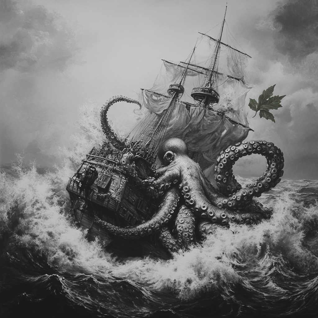 Pirate Ship Battles Octopus in Stormy Seas