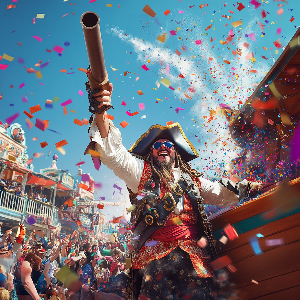 Pirate Ship Enters Amusement Park with Confetti