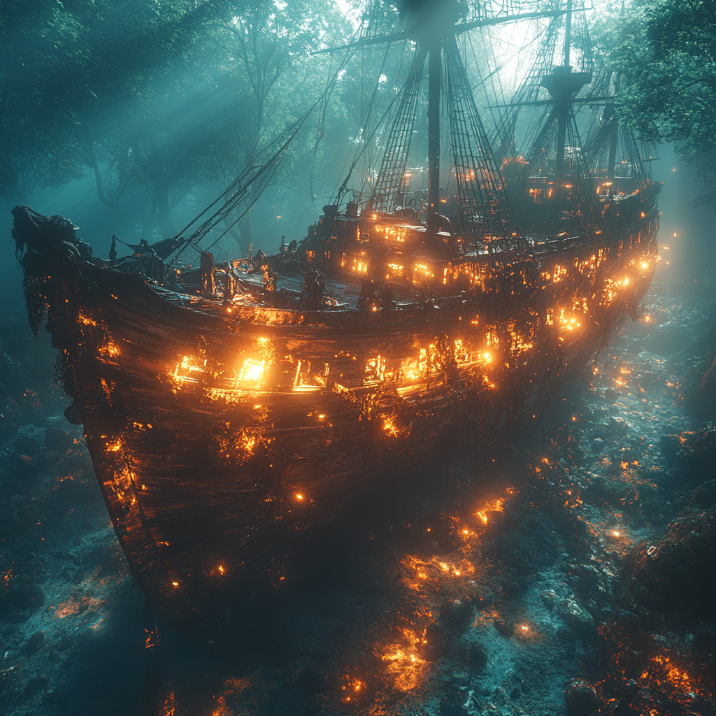 Pirate Shipwreck Under Ocean: Detailed, Cinematic Photography