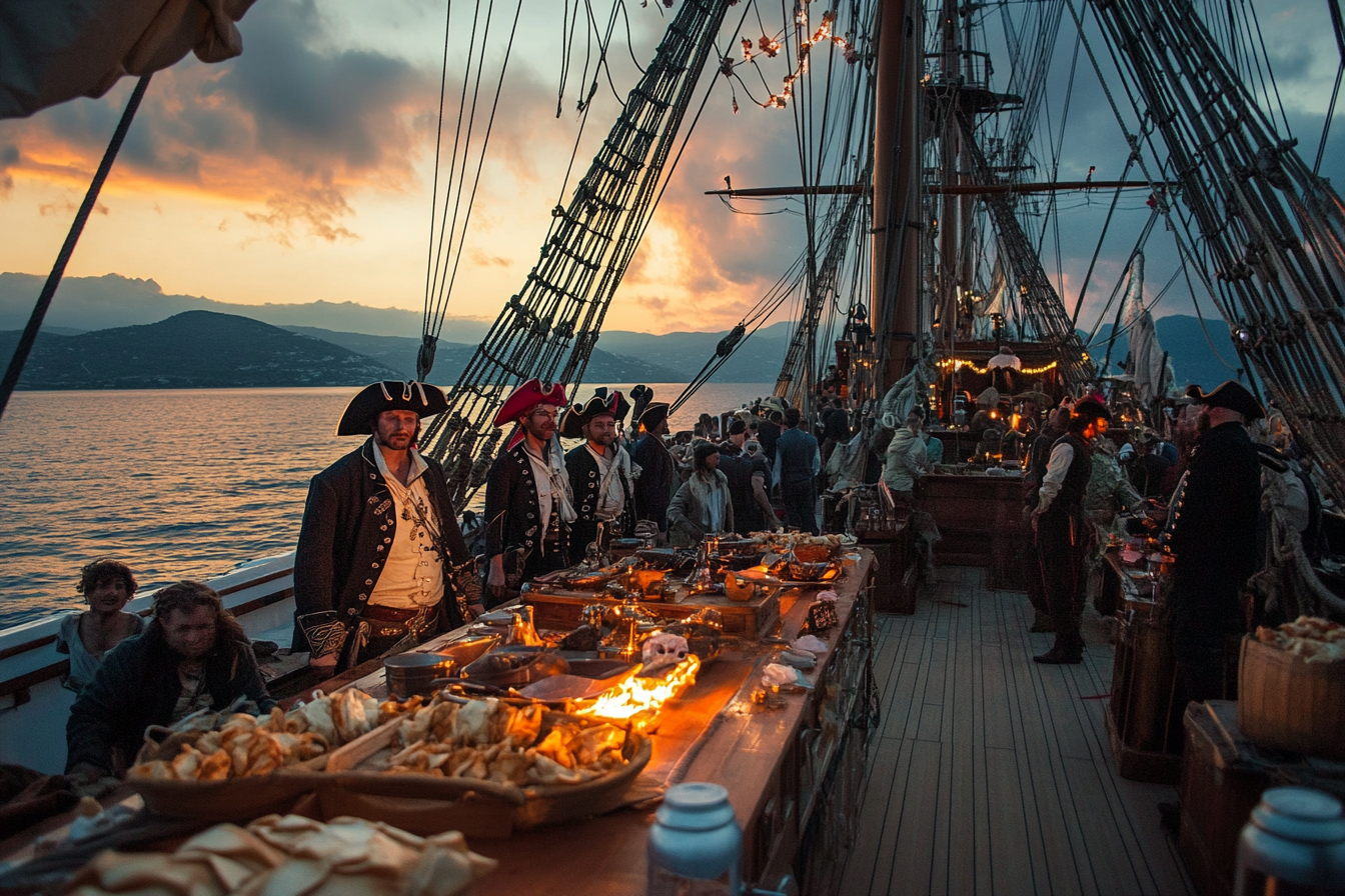 Pirate actors on yacht, Aegean Sea, sunset glow.