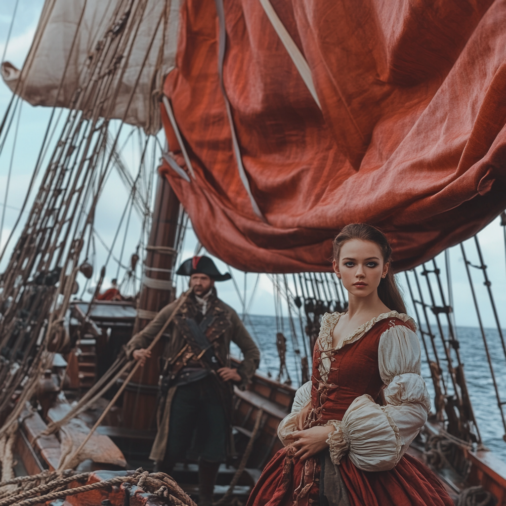 Pirate captain and stylish lady on sailing ship scene