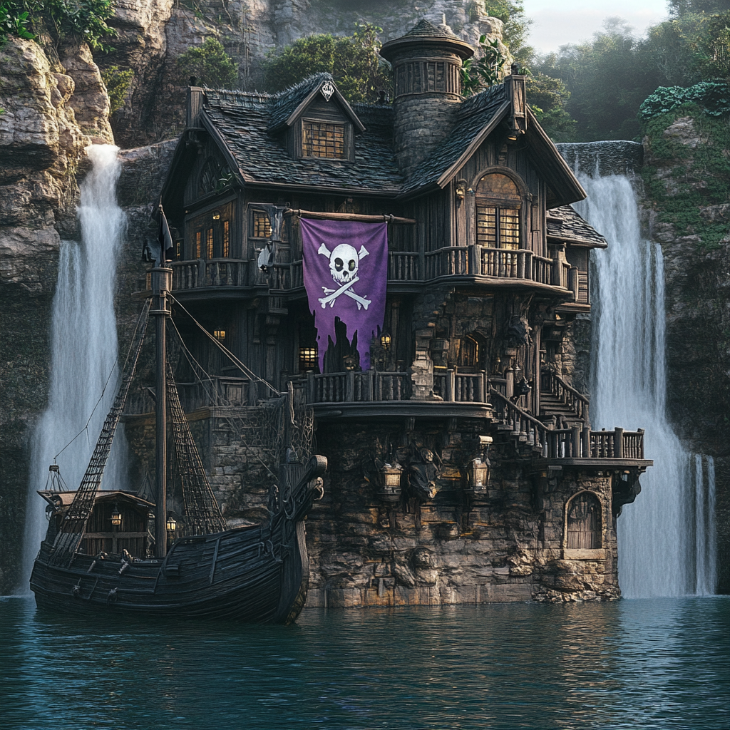 Pirate house with purple and black flag. Pirate ship.