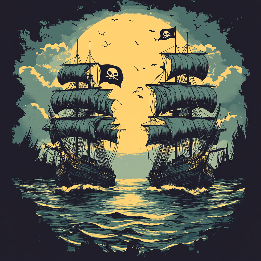 Pirate ships battle with visible flags in retro design.