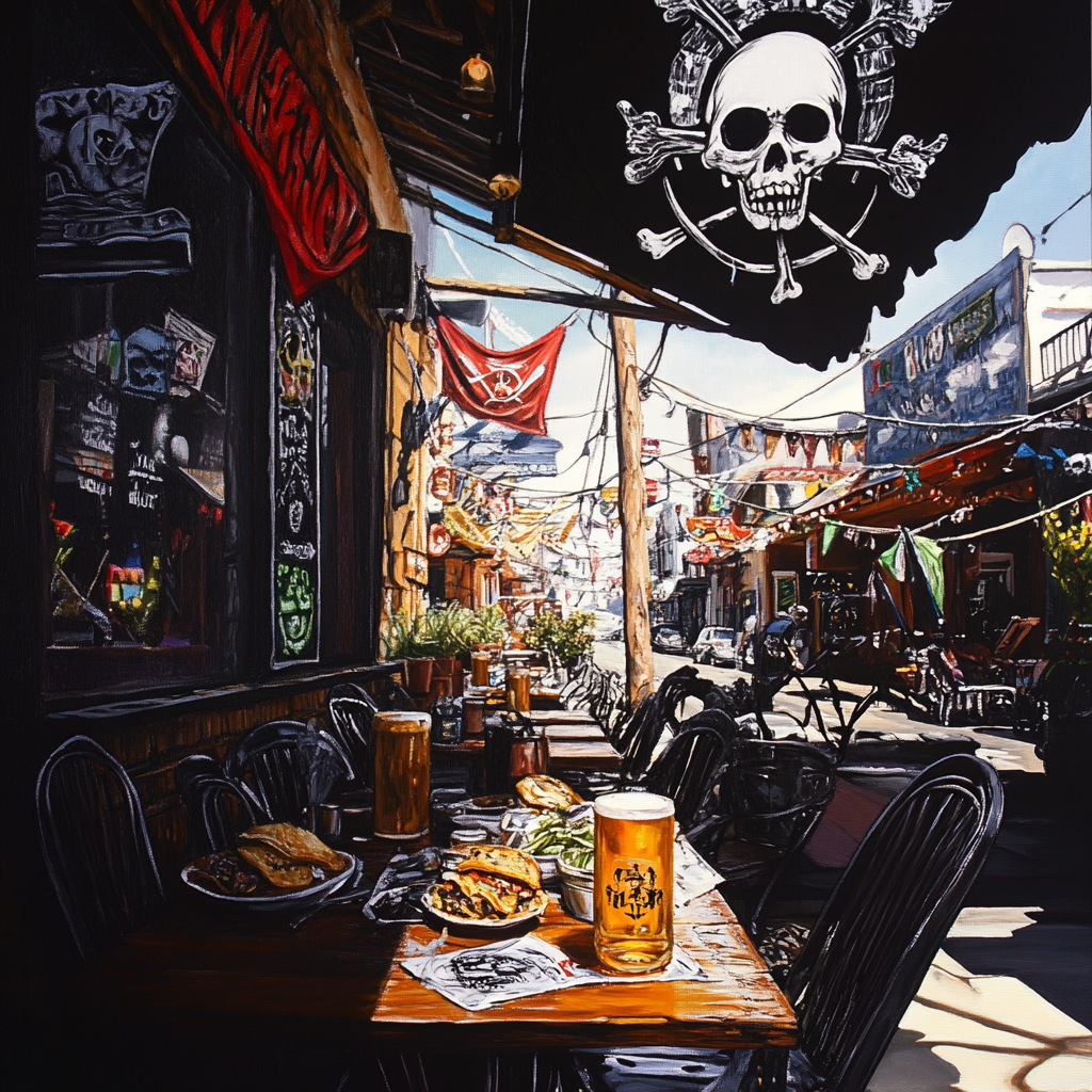 Pirate tacos and beer at punk taco shop.