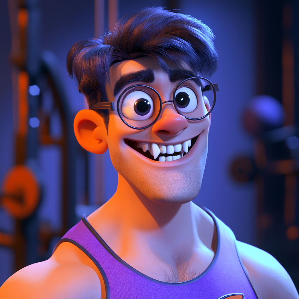 Pixar cartoon style with smiling 25-year-old vampire, gym setting, vibrant tones.