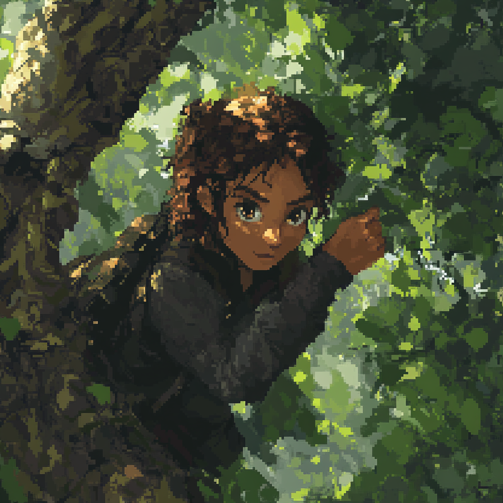 Pixelated Nintendo DS art of small girl Rue in 74th Hunger Games arena.