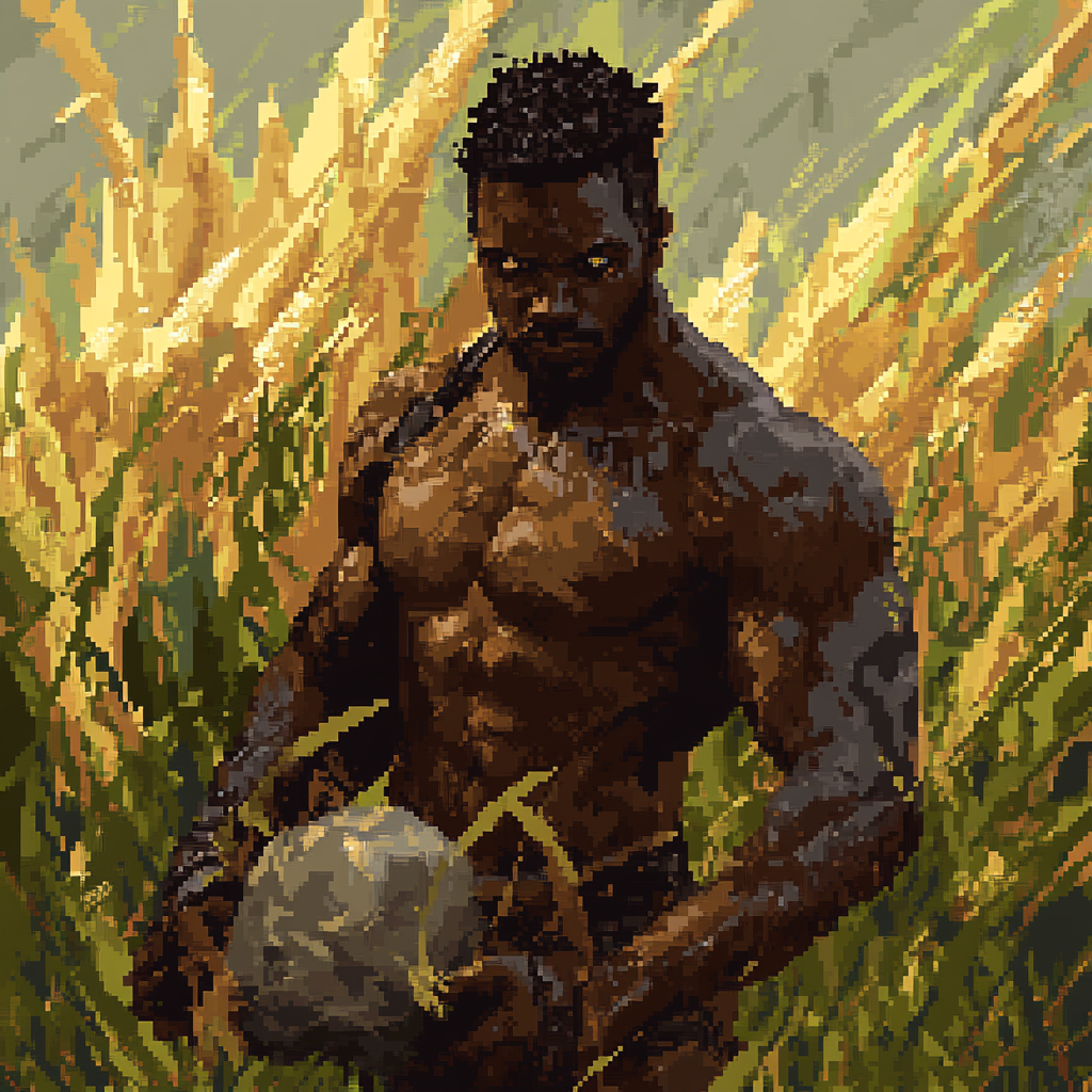 Pixelated Thresh during 74th Hunger Games with stone, plains.