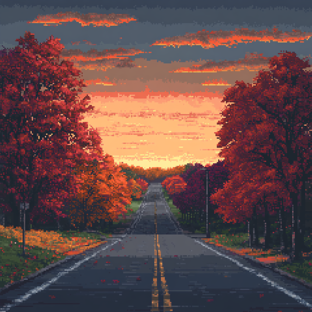 Pixelated sunset view down road with fall trees