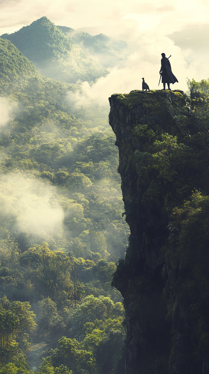 Pizarro on cliff, with Spanish soldiers, misty jungles.