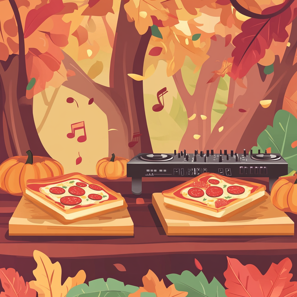 Pizza party in fall with DJ, pumpkins