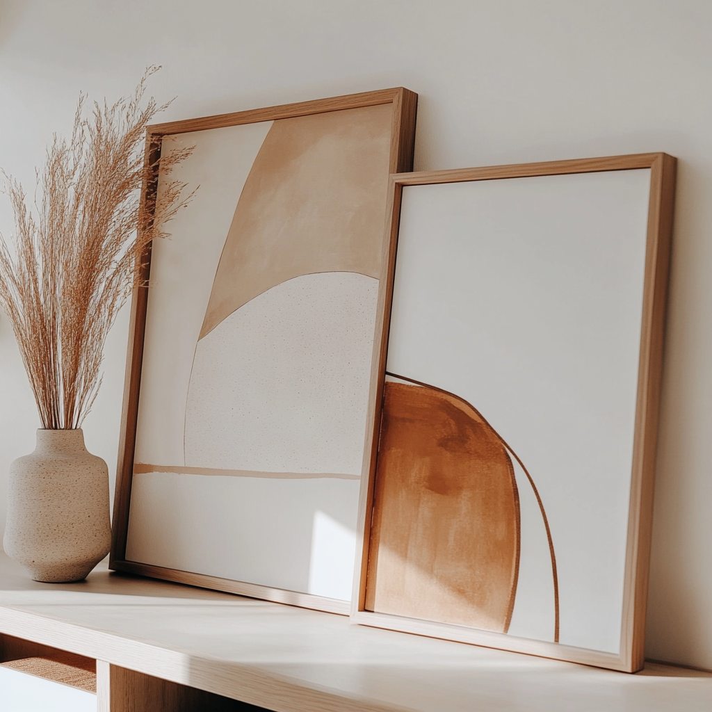 Plain white wall with minimalist modern design, boho-style framed art prints in neutral tones.