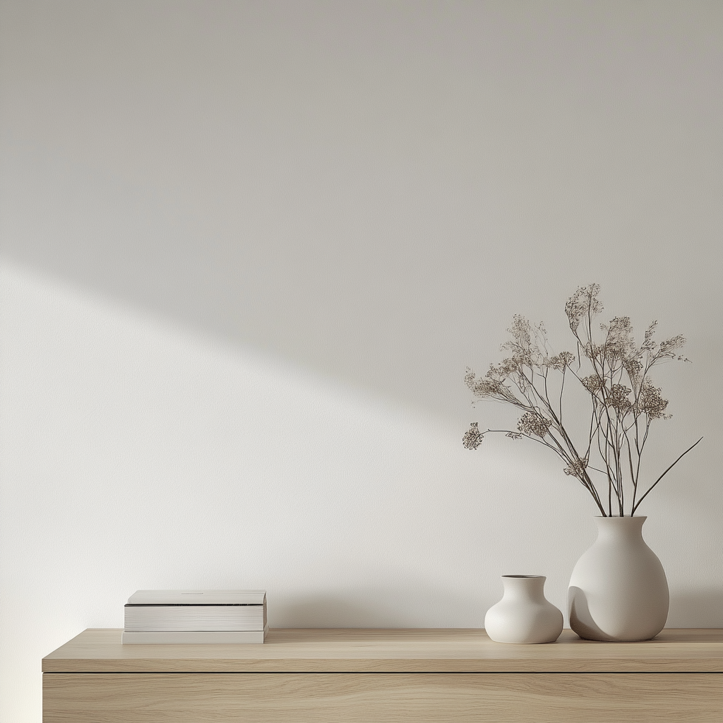 Plain white wallpaper, smooth surface, minimalist atmosphere. Modern cupboard.