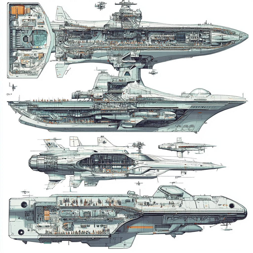 Plan for futuristic carrier with retro star fighters and people.