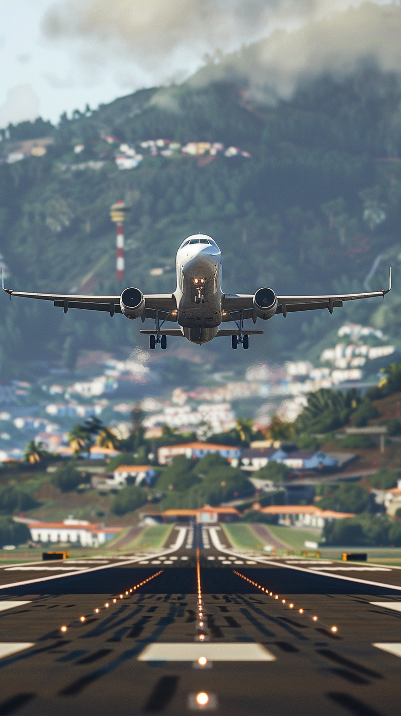 Plane landing diagonally with left wing higher. Vibrant background.