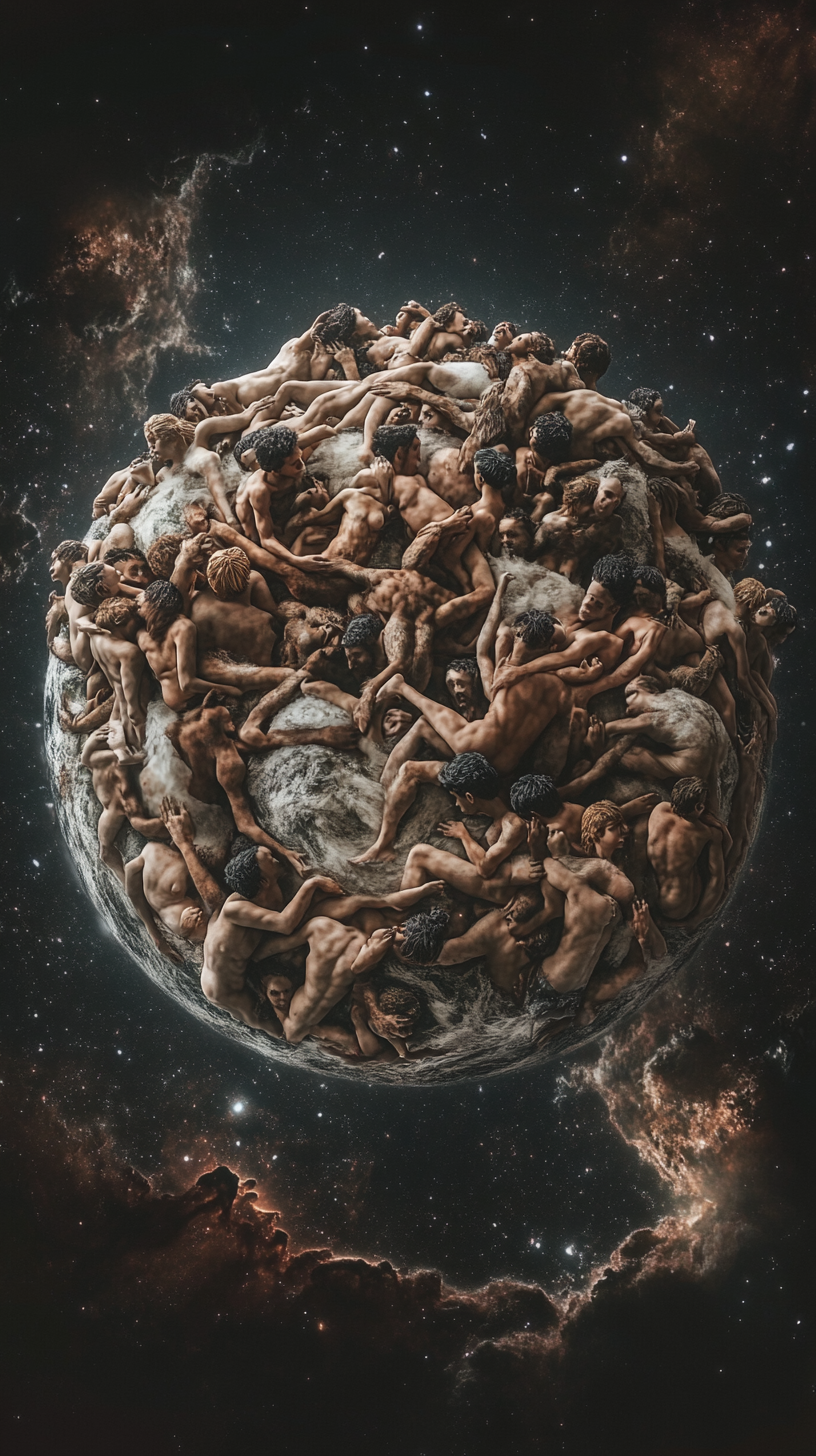 Planet made of intertwined human bodies, symbolizing unity.