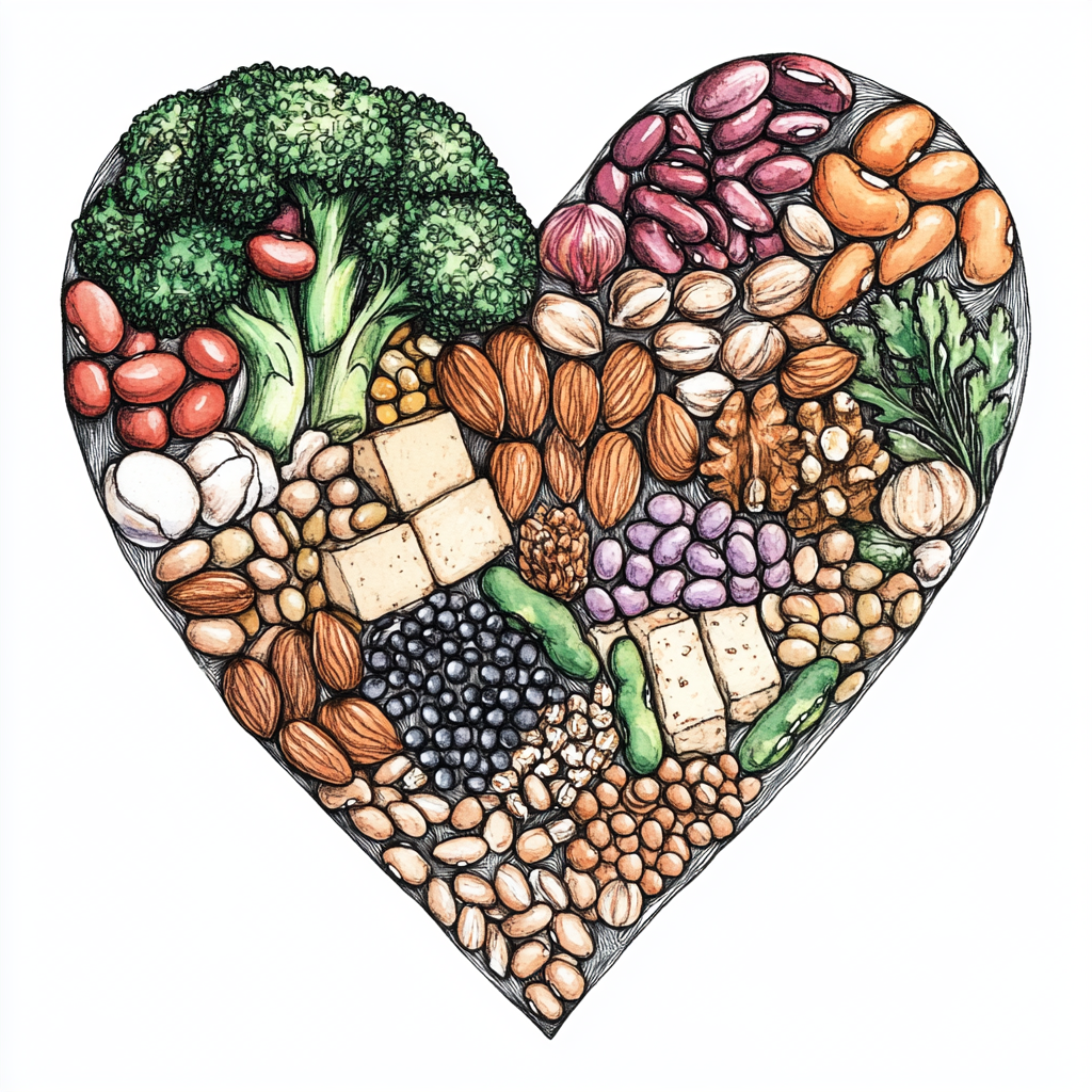 Plant-based protein sources in heart-shaped illustration.