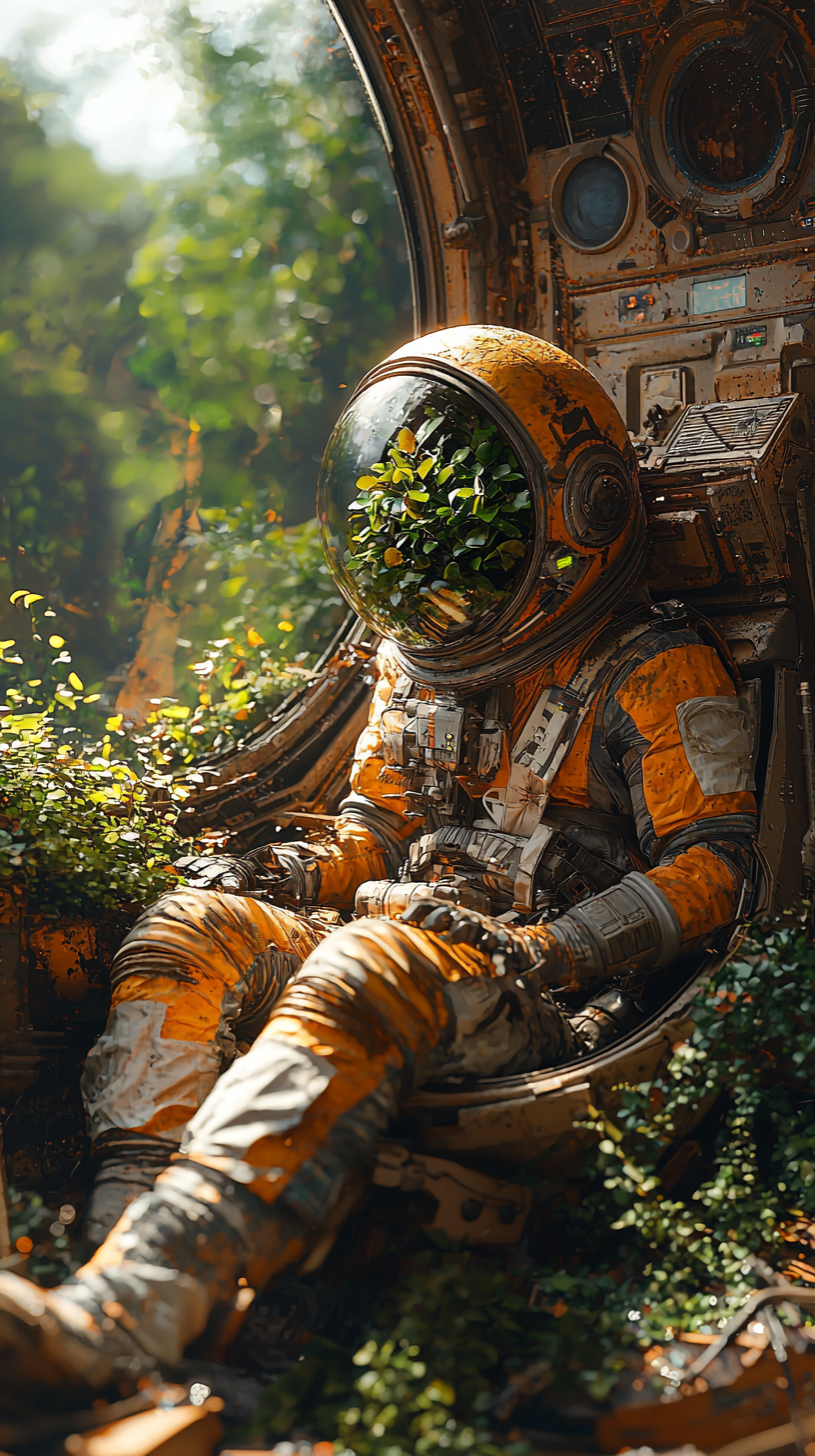 Plant in space suit by window in spaceship.