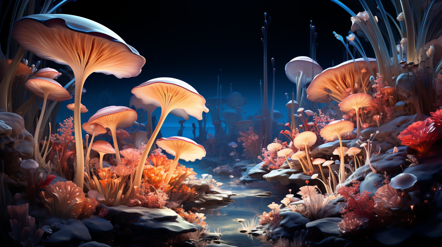 Plants, mushrooms, rocks in futuristic spacescape, aquamarine, indigo.