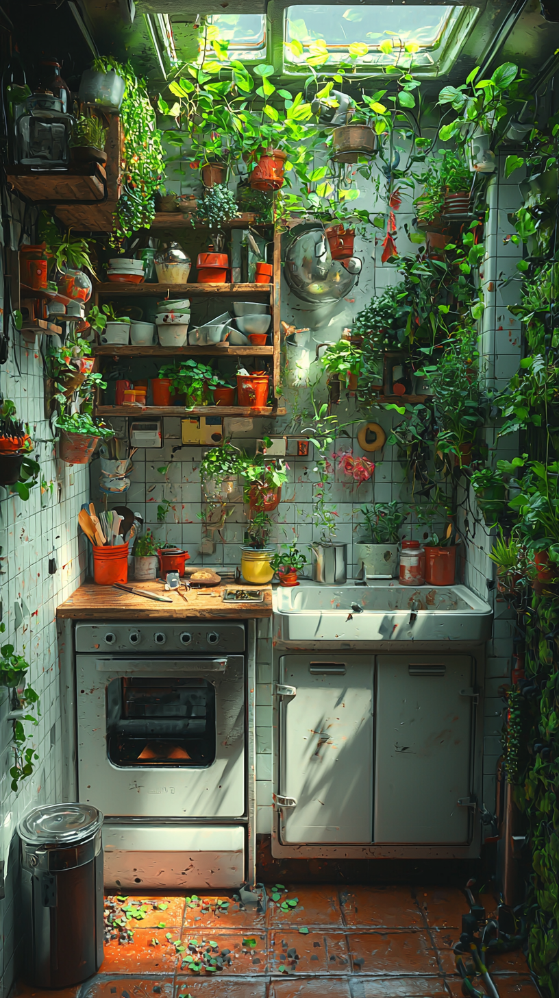 Plants floating in rundown space kitchen - Concept art.