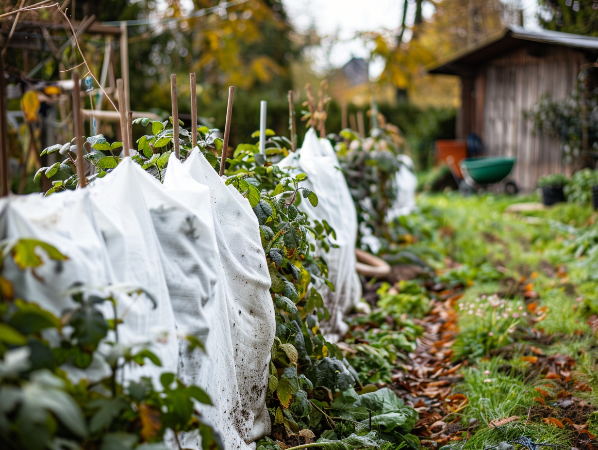 Plants protected with white fleece fabric in garden scene.