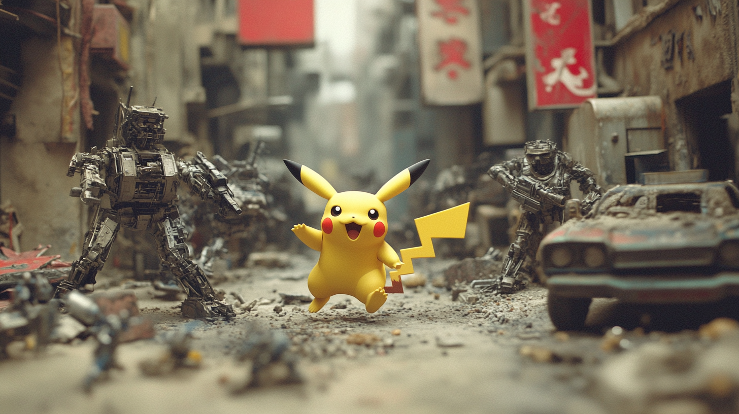 Plastic Pikachu runs from Terminator robots in Tokyo diorama.