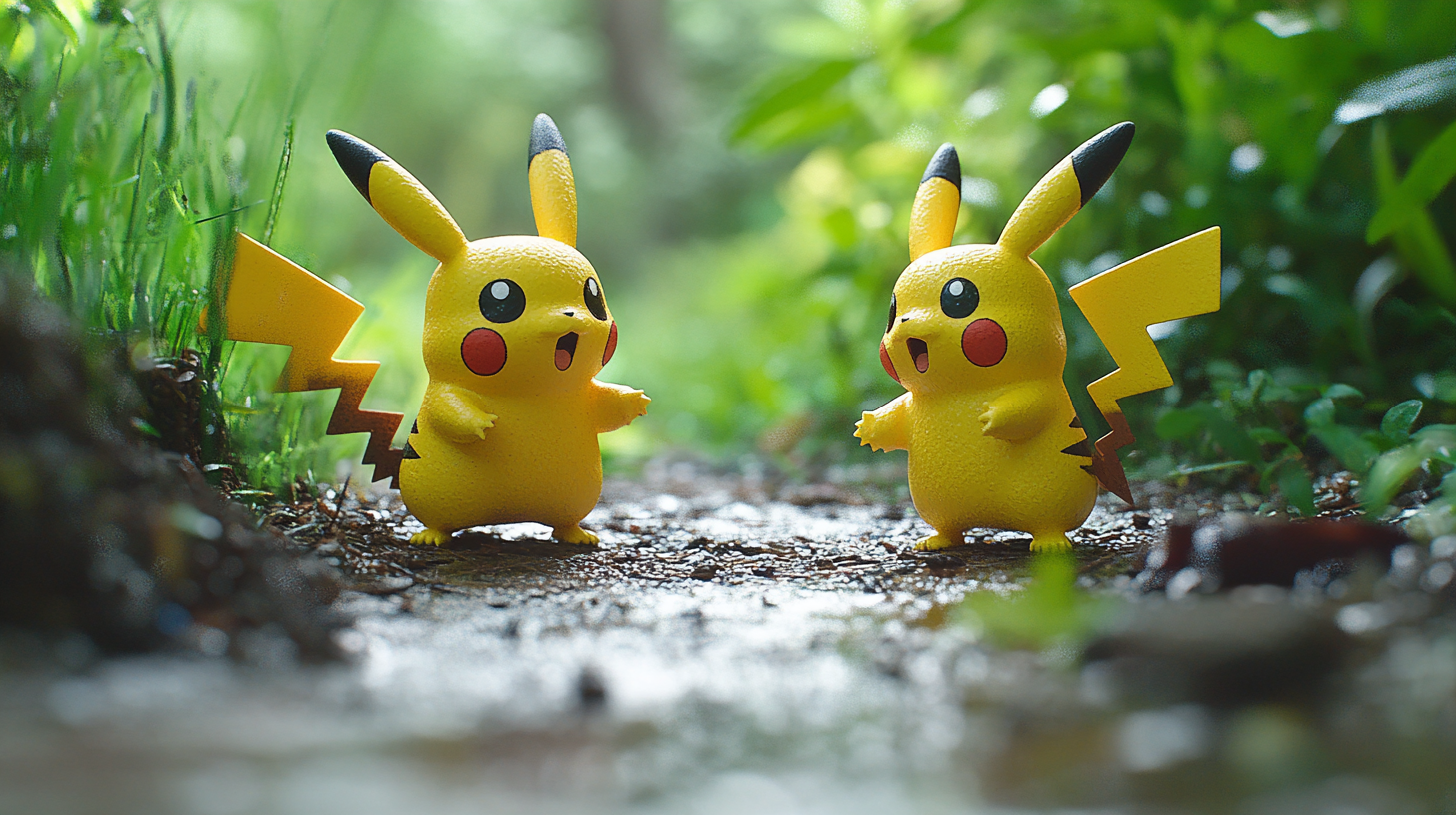 Plastic diorama of alive Pikachu next to android Pikachu.