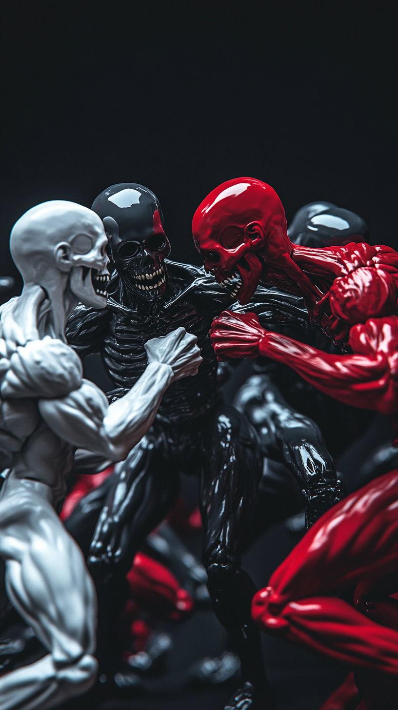 Plastic figures with skull heads battling fiercely in diorama.