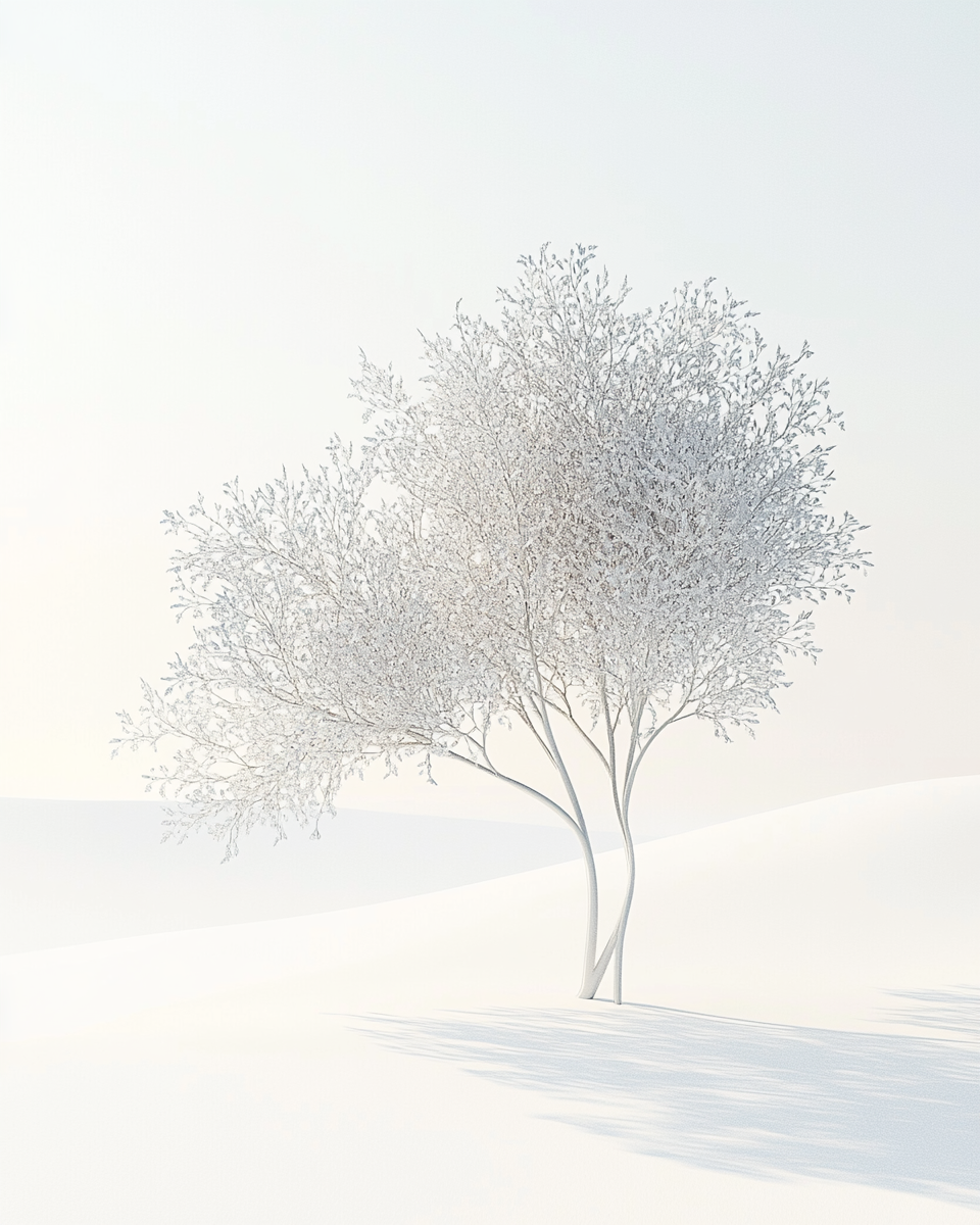 Plastic tree in empty space, white background, elegant design.