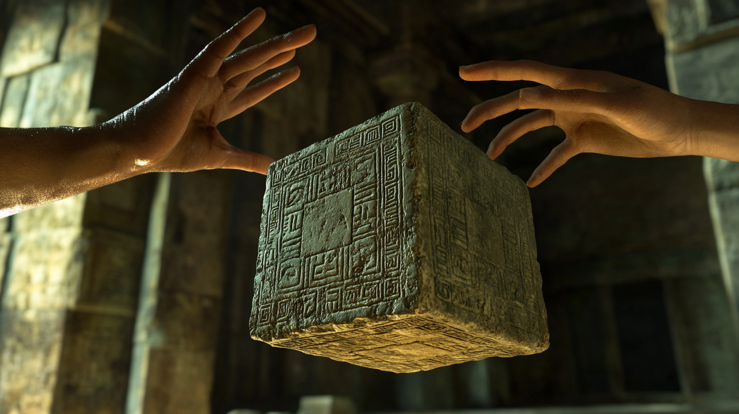 Player solving 3D puzzle in Sumerian artifact setting.