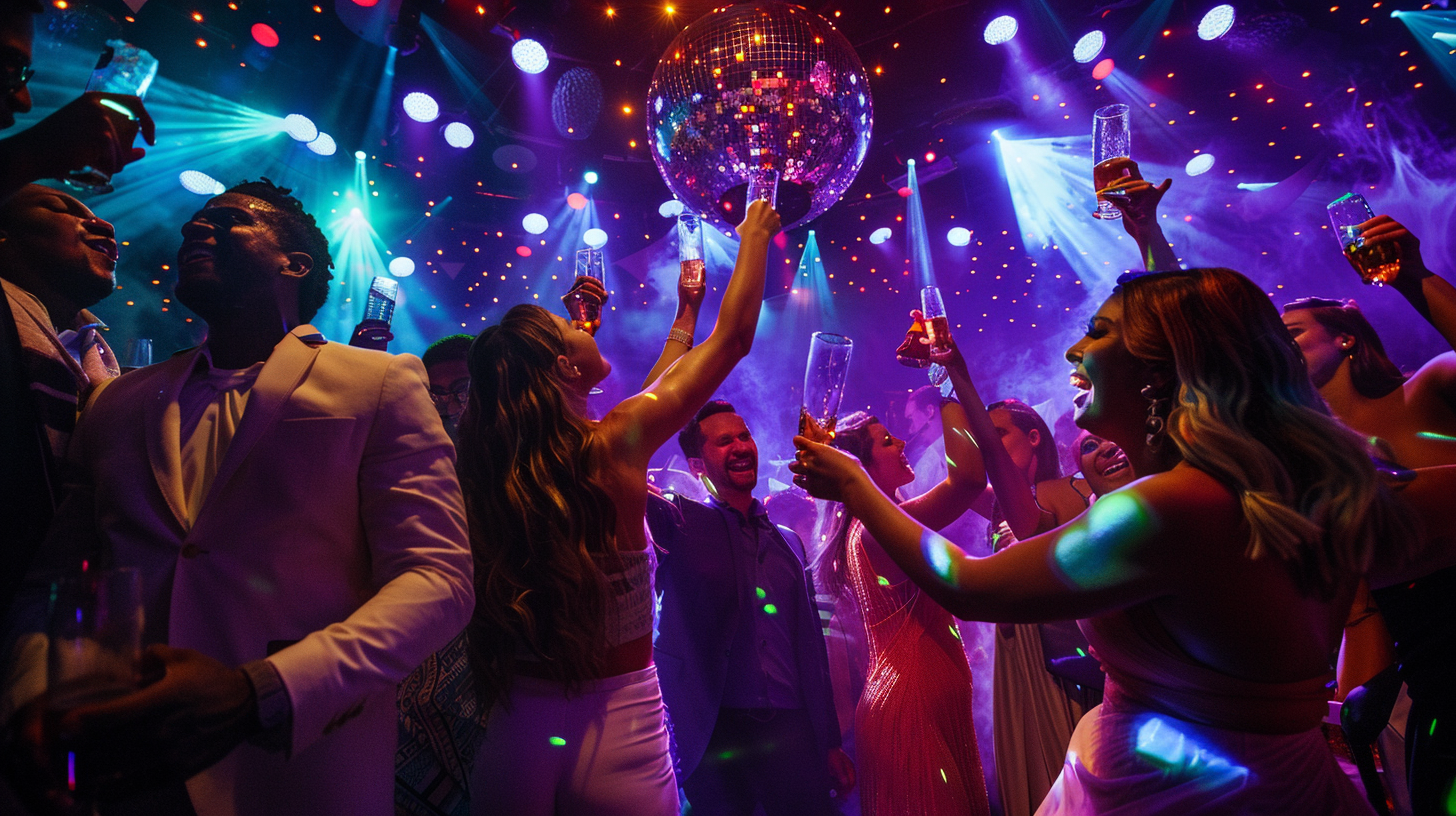 Players toast with gymnasts & politicians in vibrant nightclub.