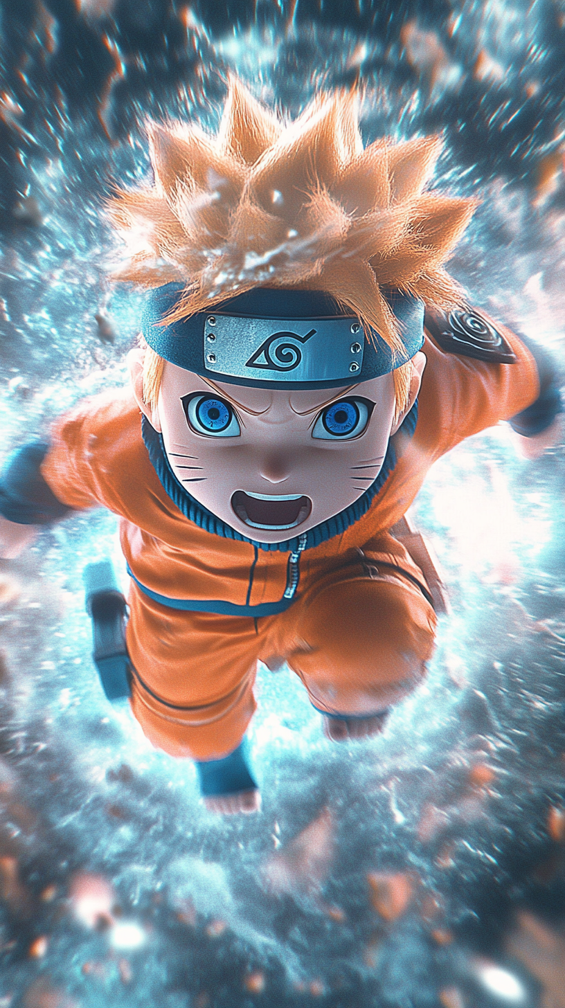 Playful Baby Naruto in energetic battle with chakra trails.