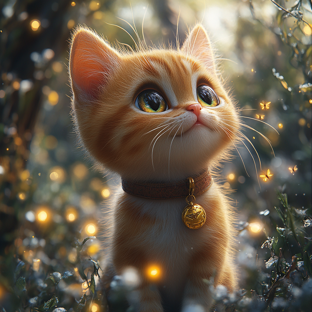 Playful Orange Cat Chasing Fireflies in Misty Forest