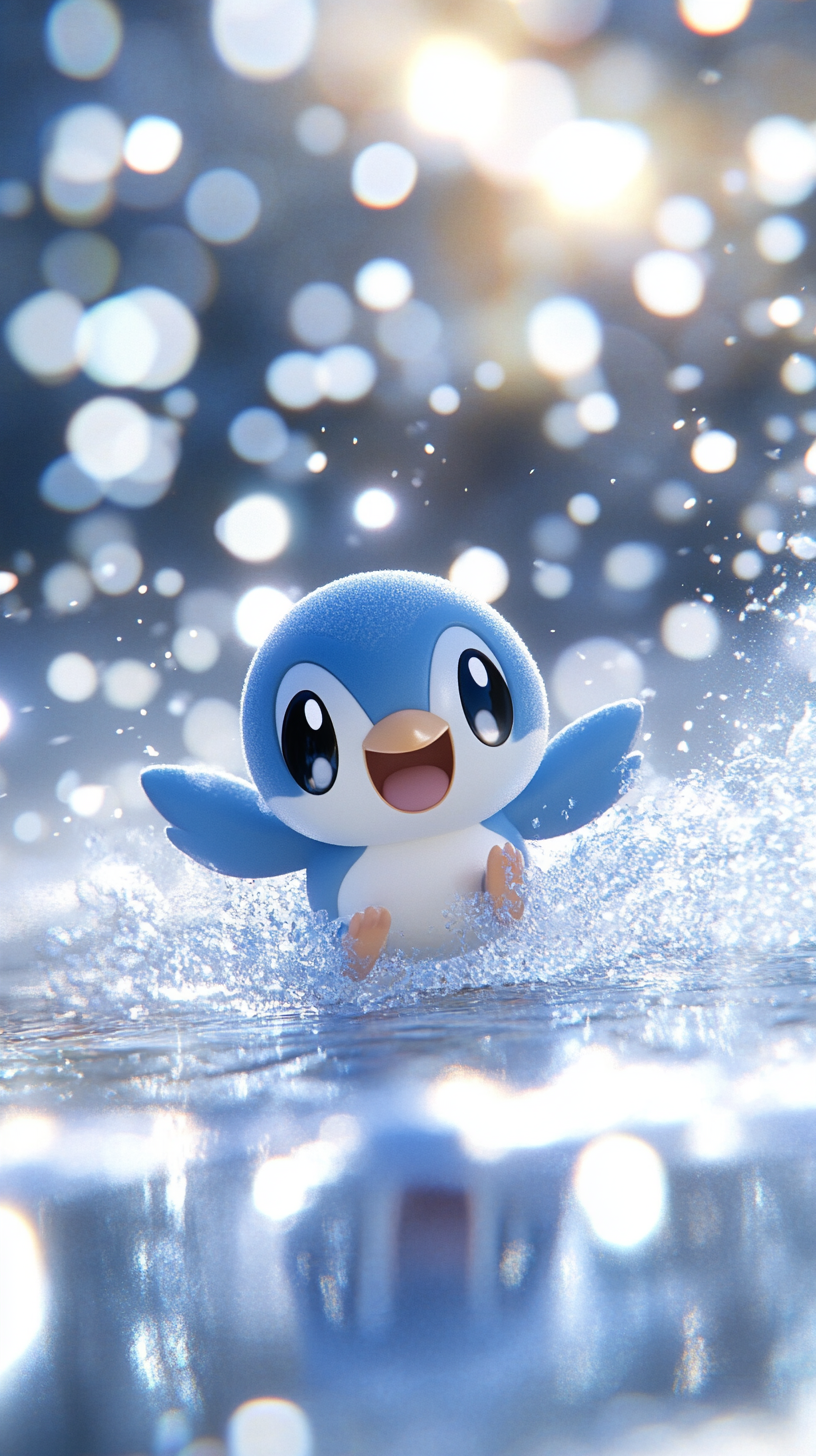 Playful Piplup sliding on ice, joyful and vibrant.