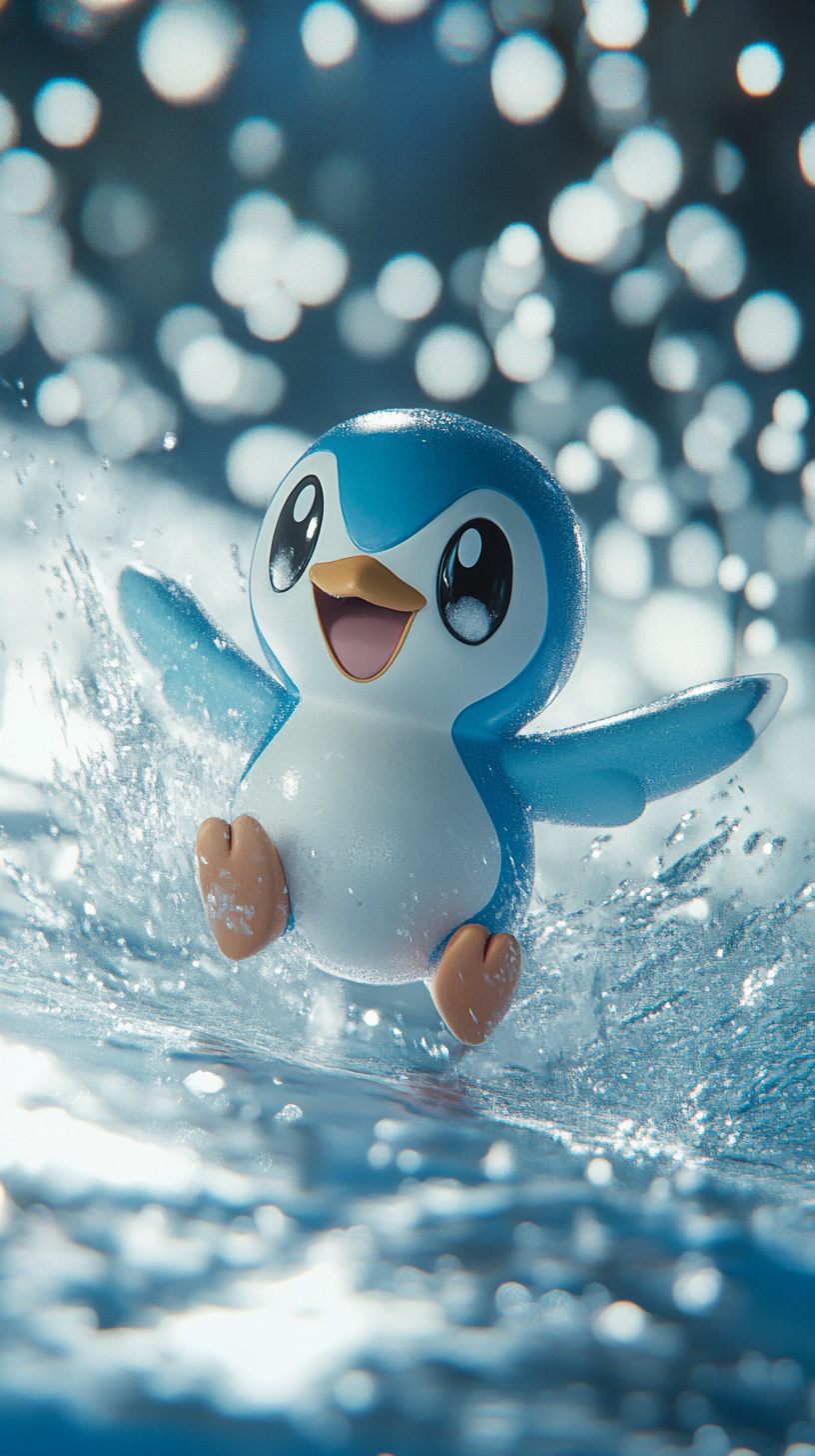 Playful Piplup sliding on shimmering ice with joy.