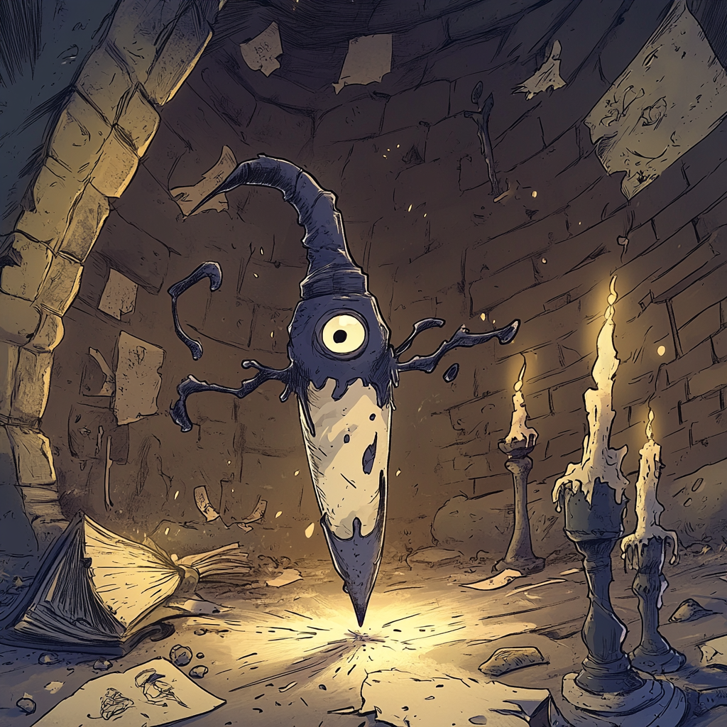 Playful animated pen character in magical D&D setting.