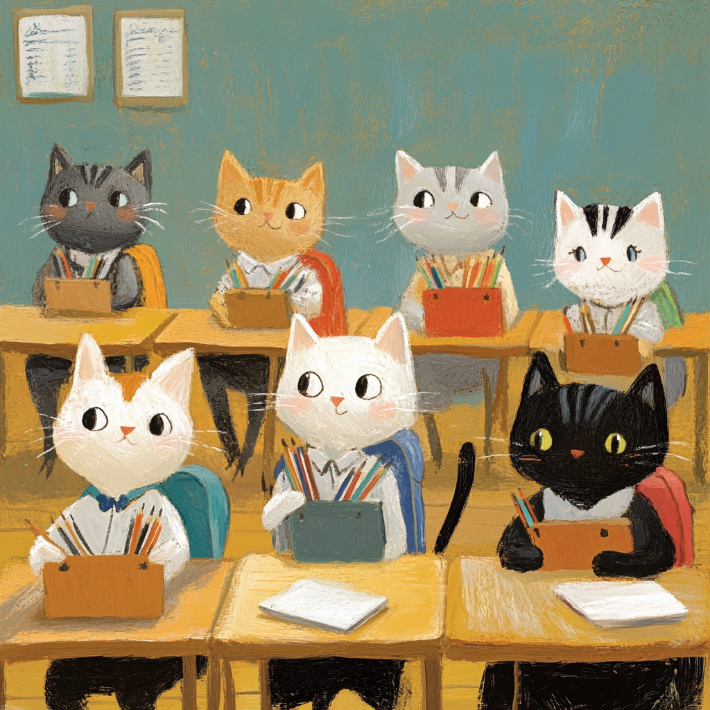 Playful cats in school with backpacks, desks, pencils