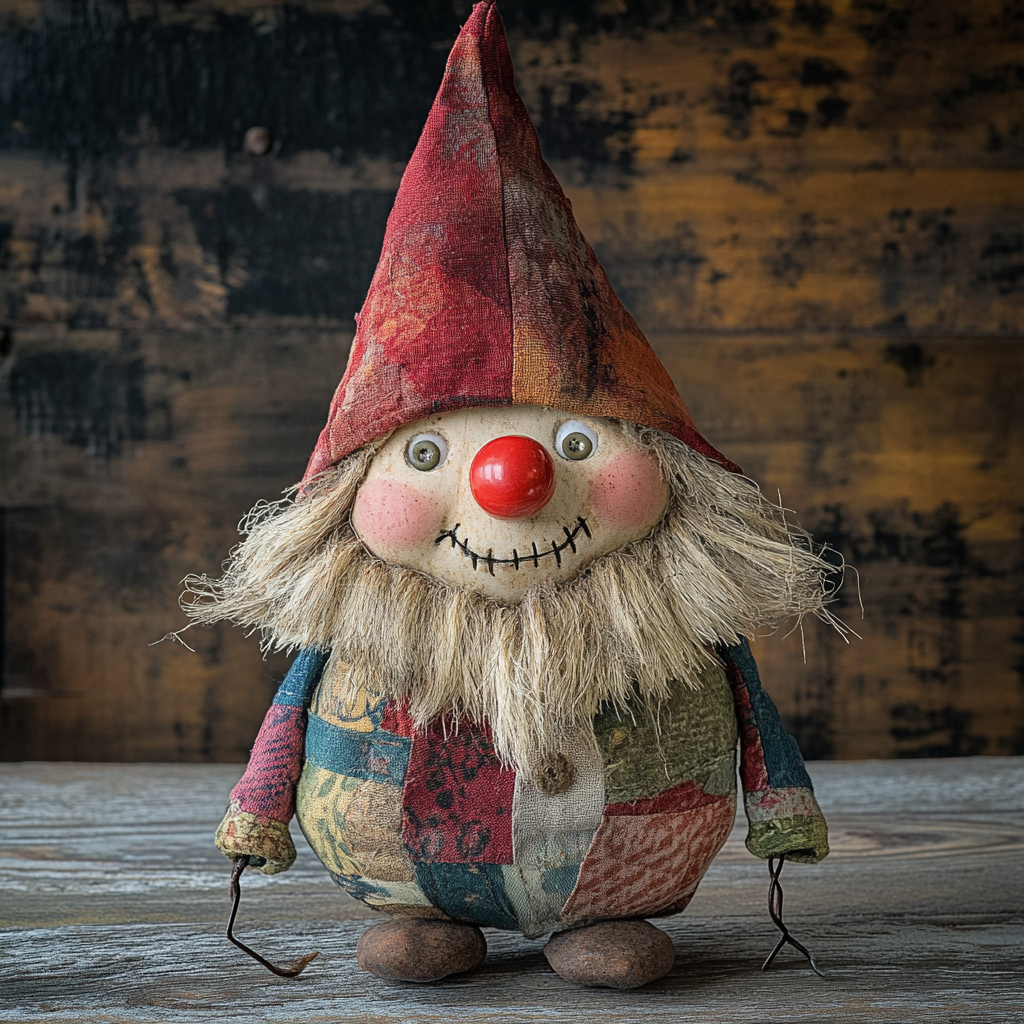 Playful handmade gnome puppet with colorful attire and accessories.