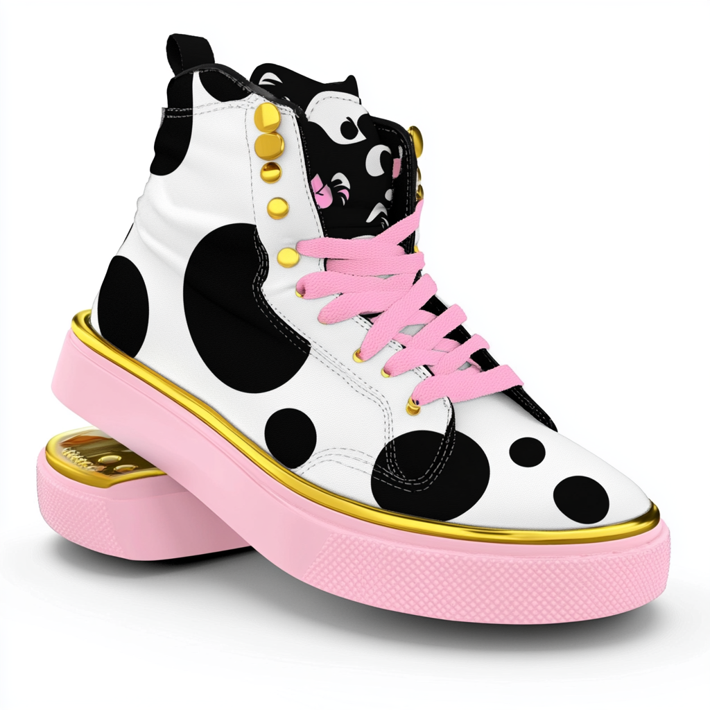 Playful high-top sneakers with cat design, pink laces