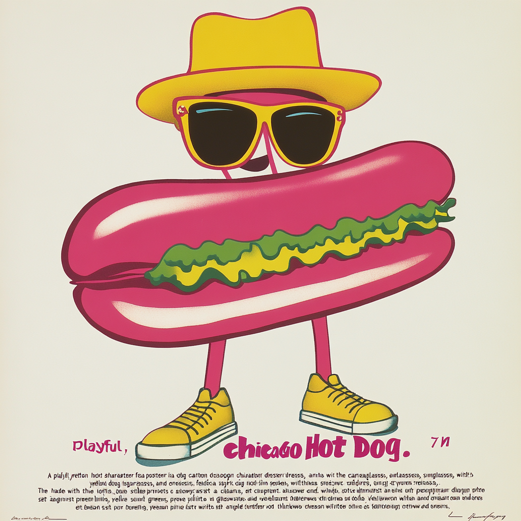 Playful hot dog cartoon in colorful outfit and accessories.