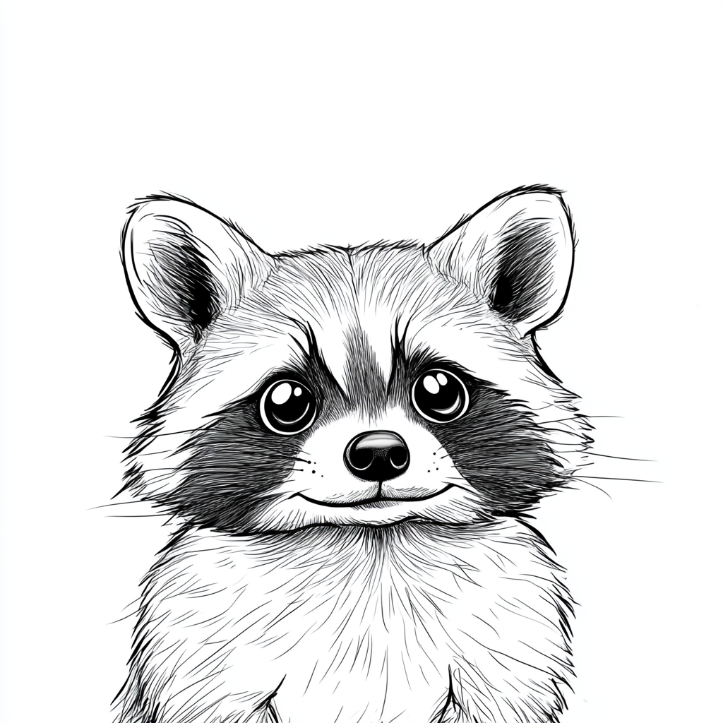 Playful raccoon in black and white line art