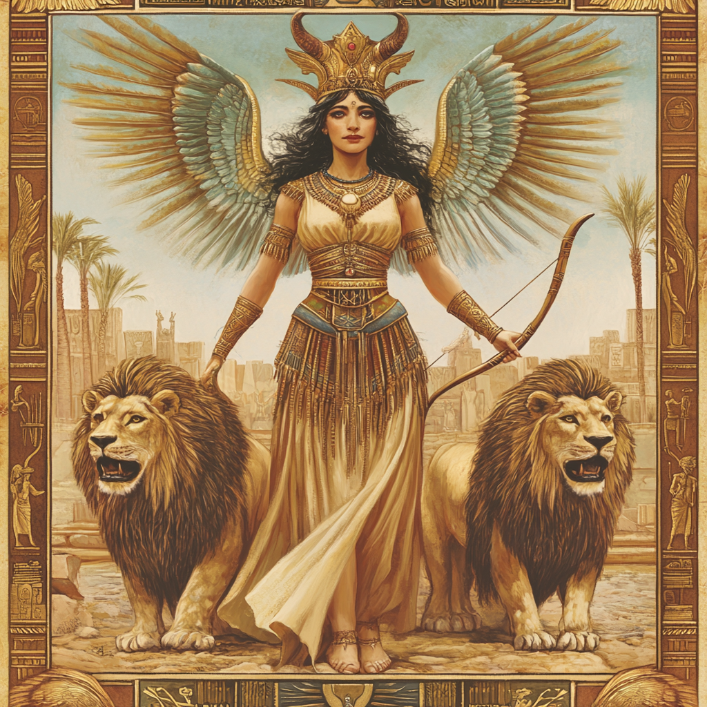 Playing card: Ishtar, Mesopotamian goddess with crown and wings