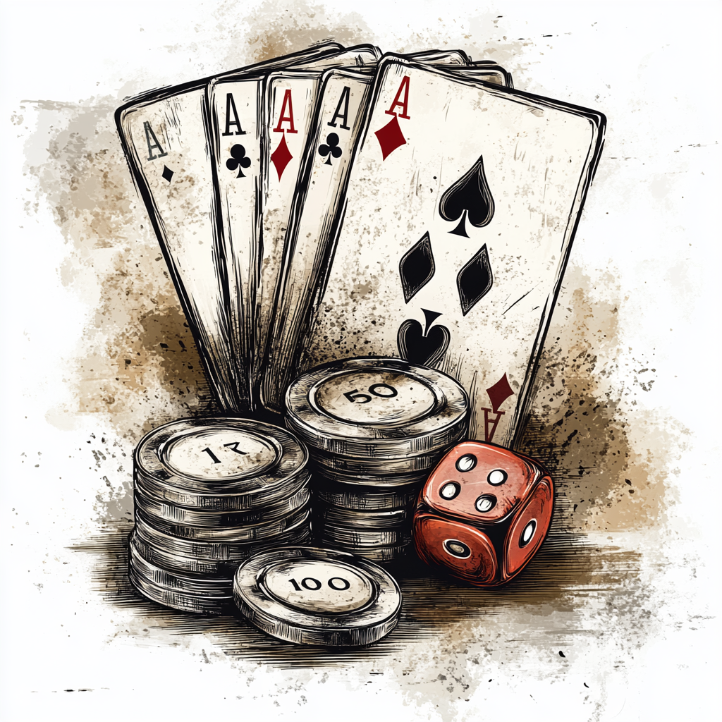 Playing cards, dice, poker chips vector illustration.